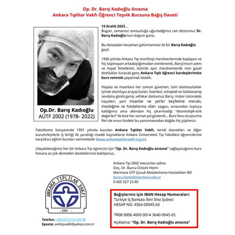 Op.Dr. Barış Kadıoğlu - Ankara Tıplılar Vakfı Öğrenci Teşvik Bursuna Bağış Daveti