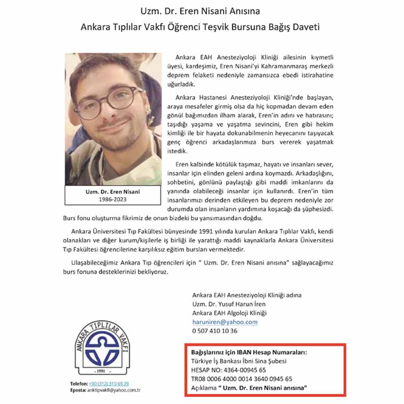 Uzm. Dr. Eren Nisani Anısına Ankara Tıplılar Vakfı Öğrenci Teşvik Bursuna Bağış Daveti