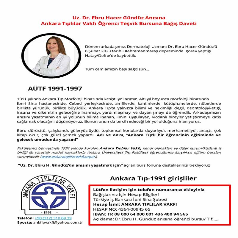 Uz. Dr. Ebru Hacer Gündüz Anısına Ankara Tıplılar Vakfı Öğrenci Teşvik Bursuna Bağış Daveti