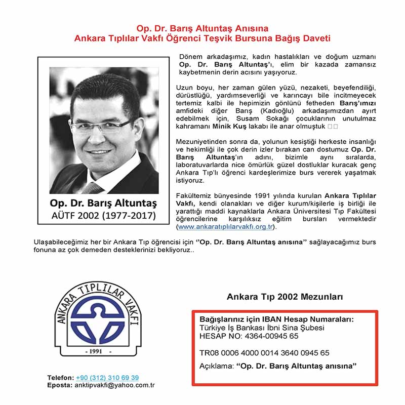 Op. Dr. Barış Altuntaş Anısına Ankara Tıplılar Vakfı Öğrenci Teşvik Bursuna Bağış Daveti